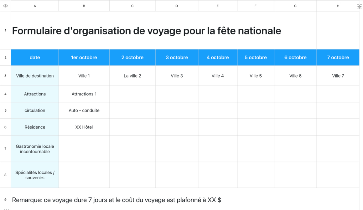Formulaire d'organisation de voyage pour la fête nationale